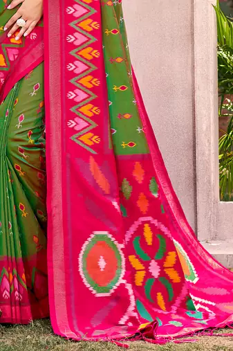 mehendi green pochampally silk blend saree with contrast geometric pallu and border