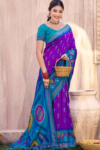purple pochampally silk blend saree with contrast geometric pallu and border