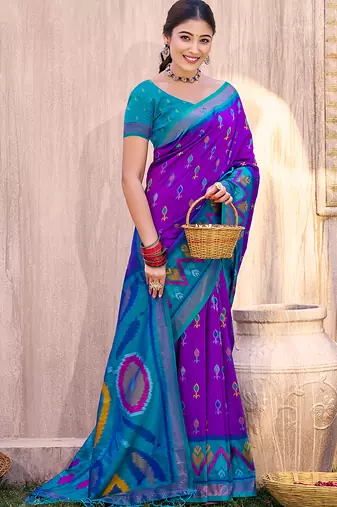 purple pochampally silk blend saree with contrast geometric pallu and border