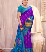 purple pochampally silk blend saree with contrast geometric pallu and border