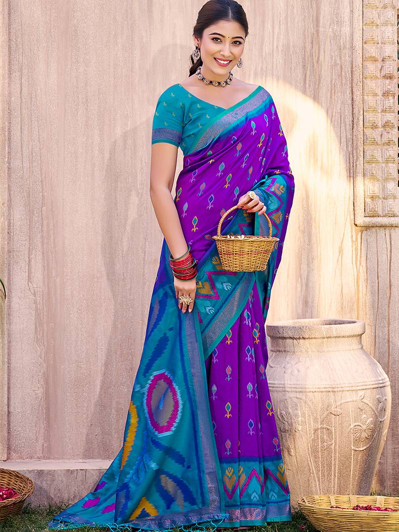 purple pochampally silk blend saree with contrast geometric pallu and border
