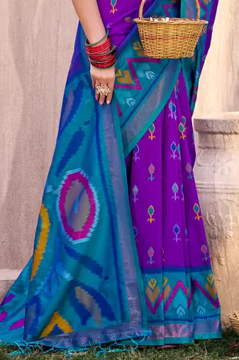purple pochampally silk blend saree with contrast geometric pallu and border