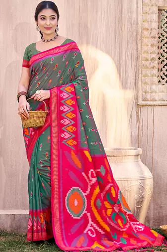 grey pochampally silk blend saree with contrast geometric pallu and border