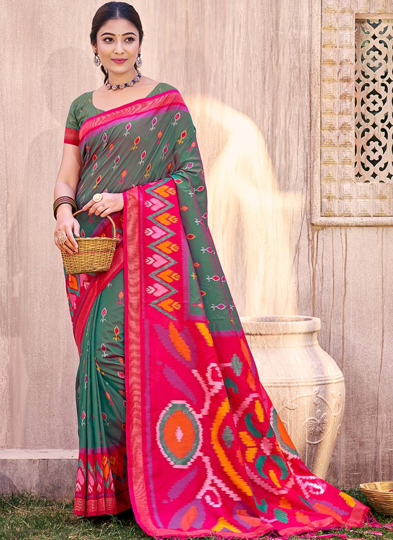 grey pochampally silk blend saree with contrast geometric pallu and border