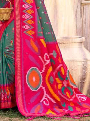 grey pochampally silk blend saree with contrast geometric pallu and border 3