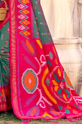 grey pochampally silk blend saree with contrast geometric pallu and border