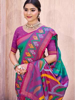 turquoise pochampally silk blend saree with contrast geometric pallu and border 2