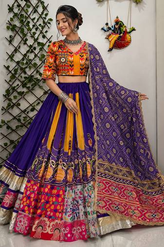 Purple Navratri Muslin Cotton Digital Print with Real Mirror Work