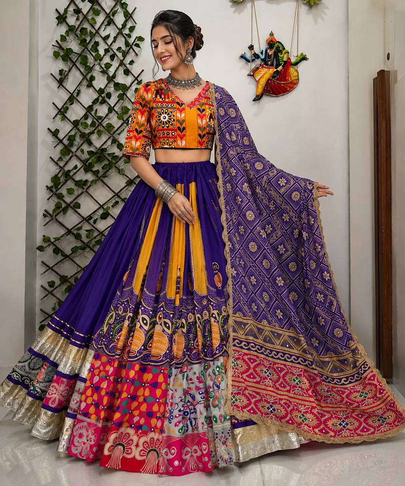 Purple Navratri Muslin Cotton Digital Print with Real Mirror Work