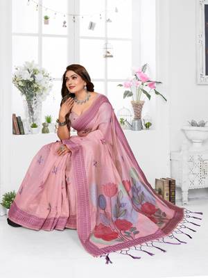 pink jacquard cotton blend saree with blouse  4