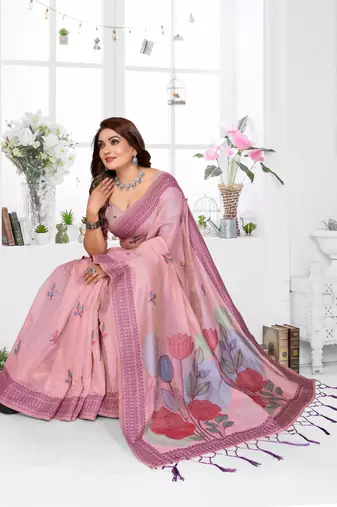 pink jacquard cotton blend saree with blouse 