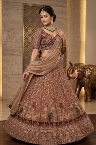Designer Embroidered Brown Lehenga Choli with Dupatta