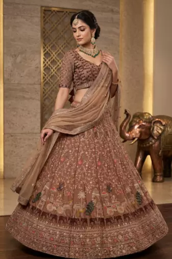 Designer Embroidered Brown Lehenga Choli with Dupatta
