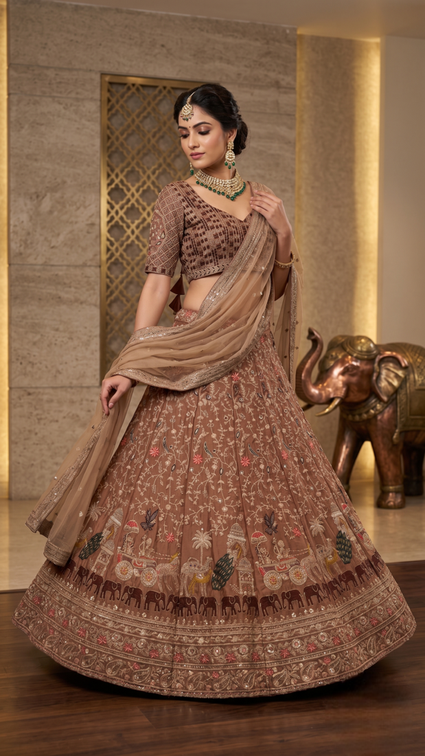 Designer Embroidered Brown Lehenga Choli with Dupatta