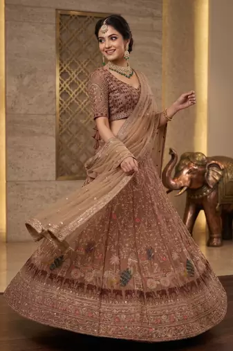 Designer Embroidered Brown Lehenga Choli with Dupatta