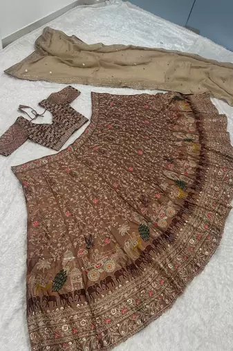 Designer Embroidered Brown Lehenga Choli with Dupatta