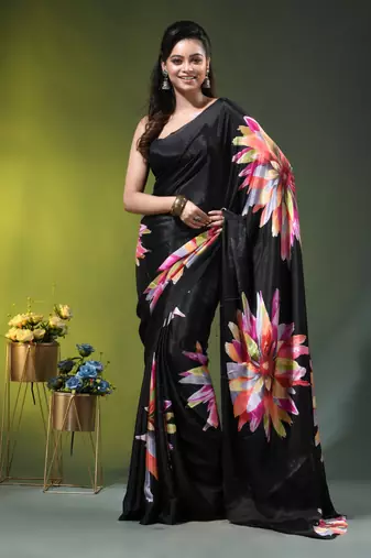 Black chinon silk saree with vibrant floral print