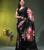 Black chinon silk saree with vibrant floral print