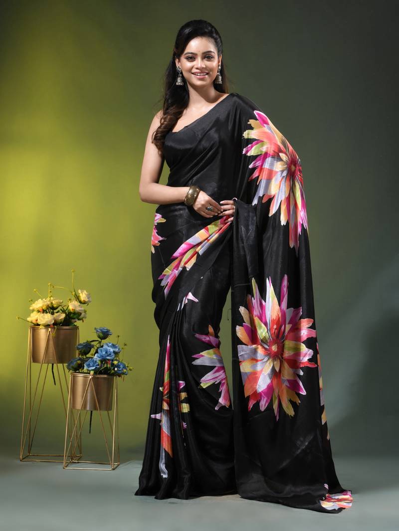 Black chinon silk saree with vibrant floral print