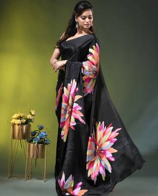 Black chinon silk saree with vibrant floral print 3