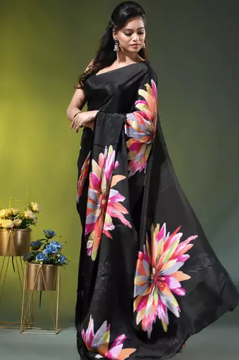 Black chinon silk saree with vibrant floral print