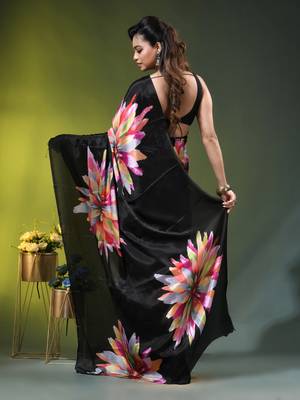 Black chinon silk saree with vibrant floral print 4