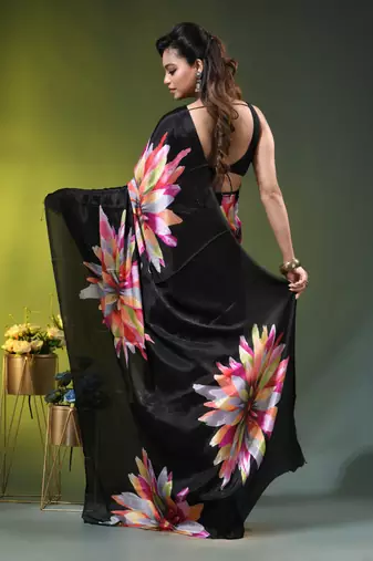 Black chinon silk saree with vibrant floral print