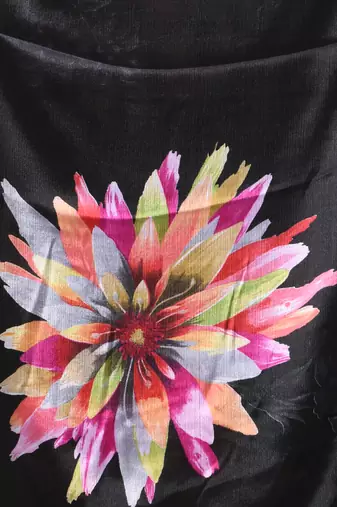 Black chinon silk saree with vibrant floral print