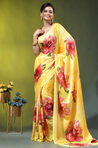 Yellow chinon silk saree with vibrant floral print