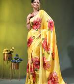 Yellow chinon silk saree with vibrant floral print