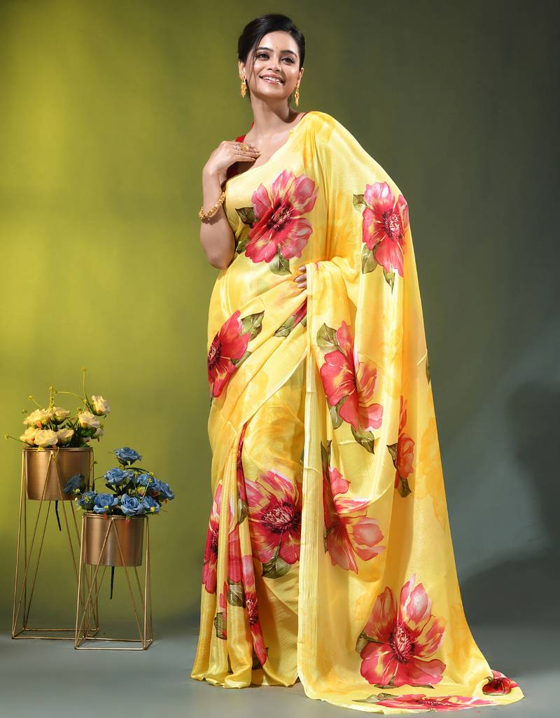 Yellow chinon silk saree with vibrant floral print
