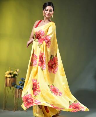 Yellow chinon silk saree with vibrant floral print 3