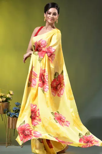 Yellow chinon silk saree with vibrant floral print