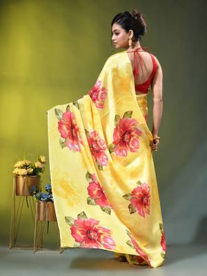 Yellow chinon silk saree with vibrant floral print 4