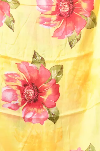 Yellow chinon silk saree with vibrant floral print