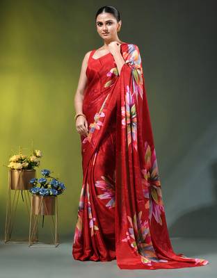 Red chinon silk saree with vibrant floral print 1