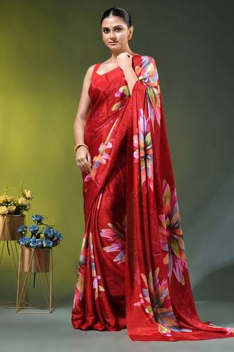 Red chinon silk saree with vibrant floral print