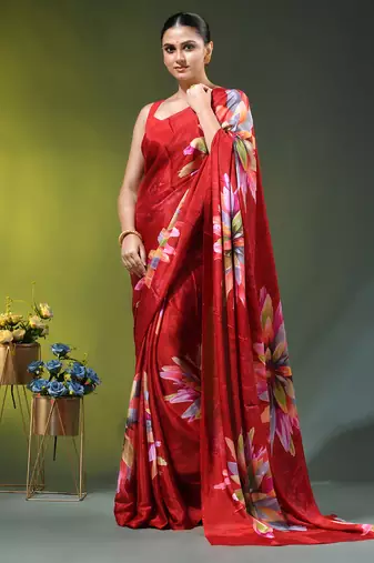 Red chinon silk saree with vibrant floral print