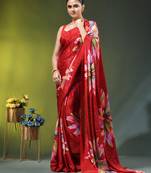 Red chinon silk saree with vibrant floral print
