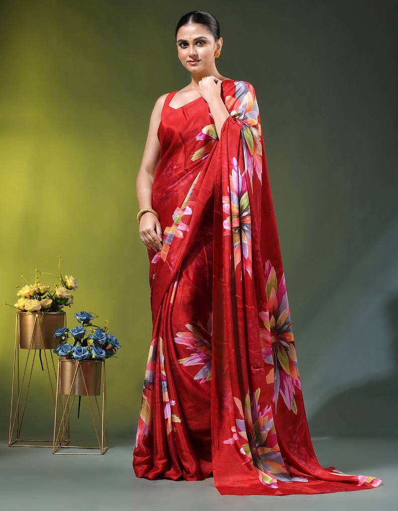 Red chinon silk saree with vibrant floral print