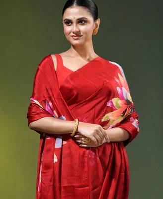Red chinon silk saree with vibrant floral print 2