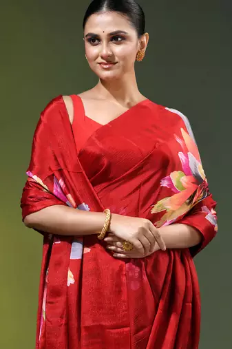 Red chinon silk saree with vibrant floral print
