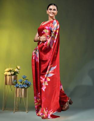 Red chinon silk saree with vibrant floral print 3