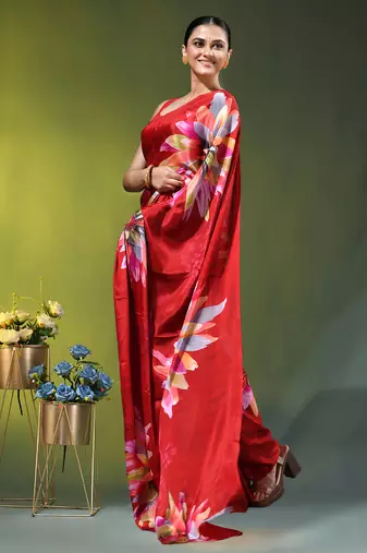 Red chinon silk saree with vibrant floral print
