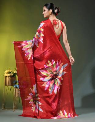 Red chinon silk saree with vibrant floral print 4
