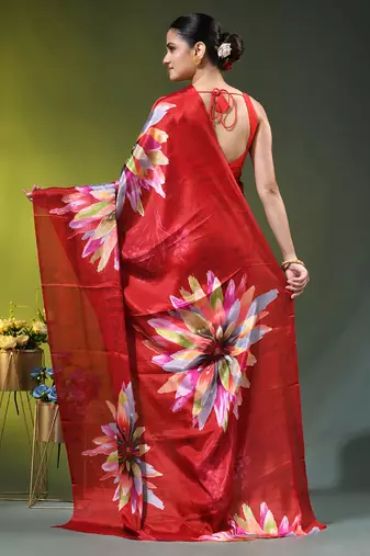 Red chinon silk saree with vibrant floral print