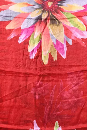 Red chinon silk saree with vibrant floral print