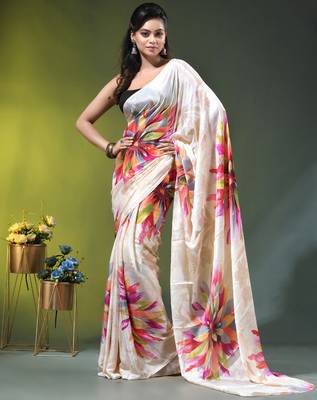 Beige chinon silk saree with vibrant floral print 1