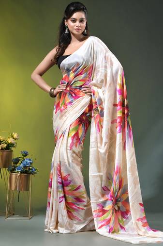 Beige chinon silk saree with vibrant floral print