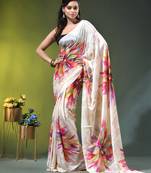 Beige chinon silk saree with vibrant floral print